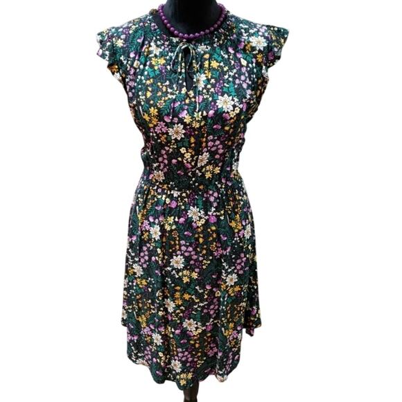 Old Navy Floral Knee Length Dress Size M Tall Tie Neck Flutter Sleeve Cottage - Picture 3 of 7